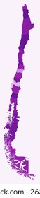Map of Chile with regions. Just a simple country border map with region division. Purple color palette. Flat Republic of Chile shape with administrative division. Vector illustration.