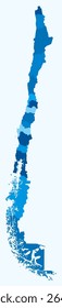 Mapa do Chile com regiões. Apenas um simples mapa de fronteira de país com divisão de região. Paleta de cores azul claro. Forma República Plana do Chile com divisão administrativa. Ilustração vetorial.