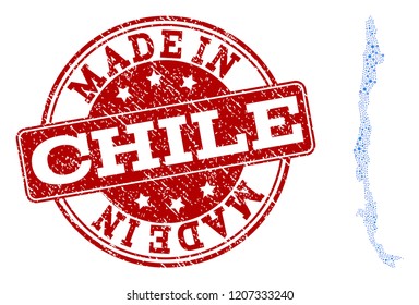 Map of Chile vector mosaic and Made In grunge stamp. Map of Chile composed with blue cog links. Made in red seal with distress rubber texture.