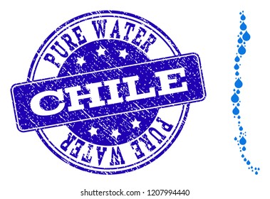 Map of Chile vector mosaic and Pure Water grunge stamp. Map of Chile designed with blue aqua tears. Seal with grunge rubber texture for pure drinking water.