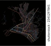 Map of Chimbote with all major and minor roads, railways and waterways. Colorful line art on black background.