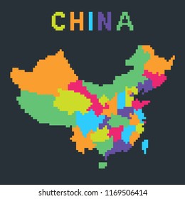 Map of China in 8 bit pixel art style. Color vector illustration