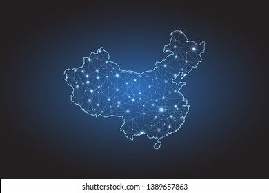 Map of China - Abstract mash line and point scales on circuit dark background. Wire frame 3D mesh polygonal network line, design sphere, dot and structure. Vector illustration eps 10.
