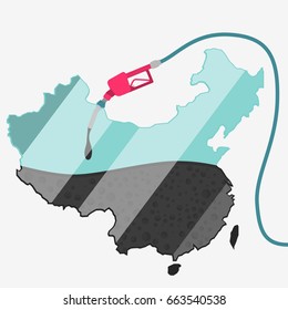 Map of China being fueled by oil. Gas pump fueled map. On the map there is glass reflection. Conceptual. Oil producing or importing countries.