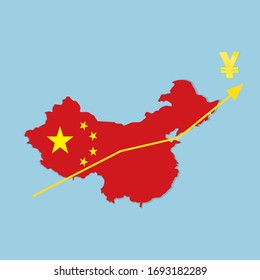 map China and Chinese yuan sign arrow graph going up