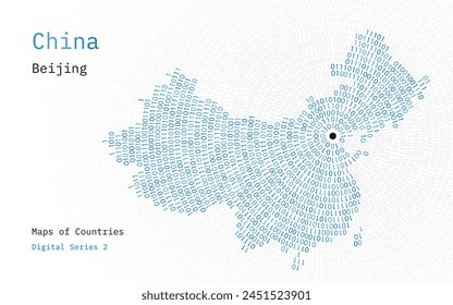 A map of China depicted in zeros and ones in the form of a circle. The capital, Beijing, is shown in the center of the circle