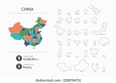 Map of China with detailed country map. Map elements of cities, total areas and capital.