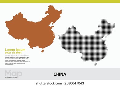 A map of China in dual designs, featuring brown solid details and black abstract dotted patterns, isolated on a white background
