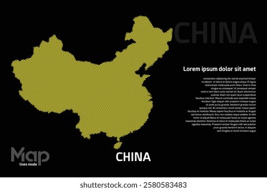 Map of China featuring yellow geographic lines, isolated on a black background. Perfect for various design projects.