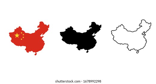 Map of China filled with the flag. Black and sketch blank China map on white background