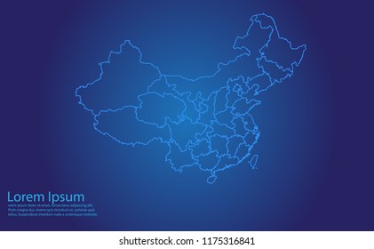 Map of china - With glowing point and lines scales on the dark gradient background.china map with country borders, thin Blue outline on Dark background.
