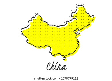 Map of China, halftone abstract background. The black dots on a yellow background. drawn border line. vector illustration