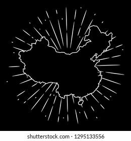 Map of China. Hand drawn vector illustration with a map of the China and divergent rays. Used for poster, banner, web, t-shirt print, bag print, badges, flyer, logo design and more. 