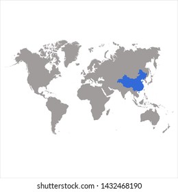 The map China of is highlighted in blue on the world map