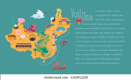 Map of China horizontal article layout vector illustration. Icons with Chinese landmarks, landscapes, birds and animals 