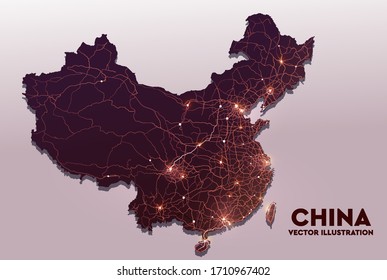  Map of China isolated on a white background. Highway and communications map country. Vector illustration.
