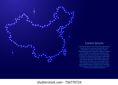 Map China from luminous blue star space points on the contour for banner, poster, greeting card, of vector illustration.