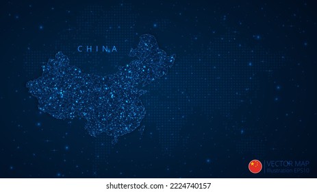 Mapa del diseño moderno de China con formas poligonales sobre fondo azul oscuro. Esferas de malla de alambre de negocios a partir de escombros voladores. Concepto de ilustración vectorial de estilo de estructura azul.