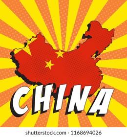 map of china with national flag in retro comic pop art style on colorful background with radial lines