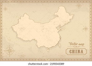 Map of China in the old style, brown graphics in retro fantasy style