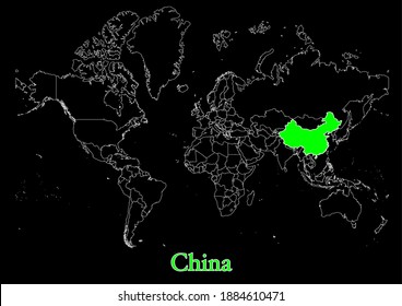 Map of China on black background.  The map shows the location of China in the world. The vector map is appropriate for prints of all sizes. An isolated map on black background.