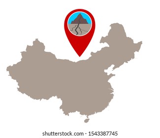 Map of China and pin with earthquake symbol