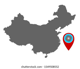 Map of China and pin with hurricane warning
