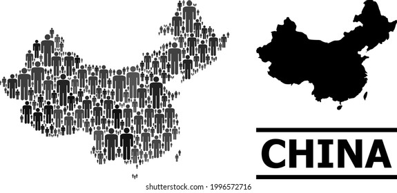 Map Of China For Politics Applications. Vector Nation Abstraction. Abstraction Map Of China Designed Of Human Pictograms. Demographic Scheme In Dark Grey Color Tones.