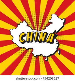 map of china in pop art style with radial lines and halftone dots