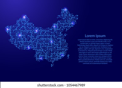 Map China from printed board, chip and radio component with blue star space on the contour for banner, poster, greeting card, of vector illustration.