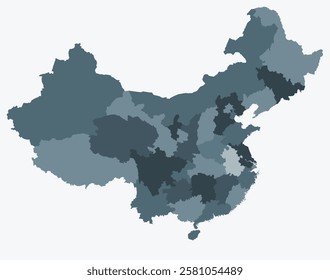 Map of China with regions. Just a simple country border map with region division. Blue grey color palette. Flat People's Republic of China shape with administrative division. Vector illustration.