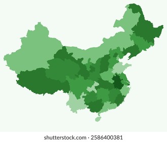 Map of China with regions. A simple country border map with regional divisions in a green color palette. Vector illustration.