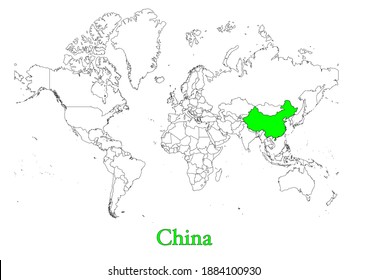 Map of China.  The map shows the location of China in the world. The vector map is appropriate for prints of all sizes. An isolated map on white background.