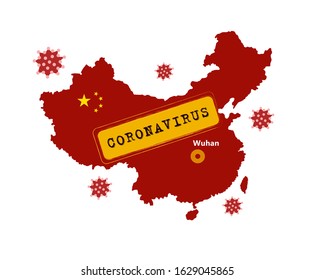Map of China with stamp "Coronavirus" on the white background.