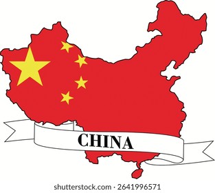 The map of China superimposed with the Chinese flag and with its name written on a ribbon