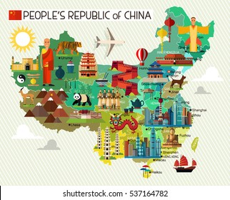 Map Of China And Travel Icons.China Travel Map. Vector Illustration.