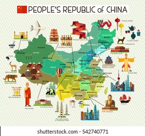 Map of China and Travel Icons.China Travel Map. Vector Illustration.