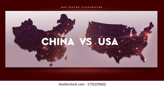 Map of China and USA isolated on white background. Detailed maps of countries with the largest cities. Vector illustration.