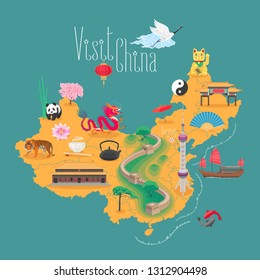Map of China vector illustration, design element. Icons with  Chinese landmarks, famous traditional objects, animals, Great Wall 