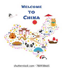 Map of China vector illustration, design. Icons with Chinese pagoda, animals, cities. Explore China concept image
