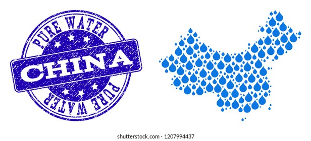 Map of China vector mosaic and Pure Water grunge stamp. Map of China designed with blue water dews. Seal with grunge rubber texture for natural drinking water.