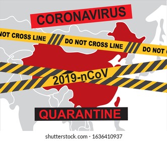 Map of China Wrapped Warning Strip. COVID-19. China pathogen respiratory coronavirus 2019-nCoV. Flu spreading of world. Dangerous chinese ncov corona virus, SARS pandemic risk alert.