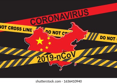 Map of China Wrapped Warning Strip. COVID-19. China pathogen respiratory coronavirus 2019-nCoV. Flu spreading of world. Dangerous chinese ncov corona virus, SARS pandemic risk alert.