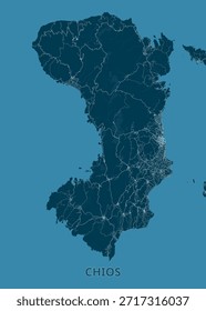 Mapa da Ilha de Chios é exibido contra um fundo azul-petróleo. A forma da ilha é claramente definida, com uma rede de linhas brancas representando estradas e caminhos cruzando seu terreno.