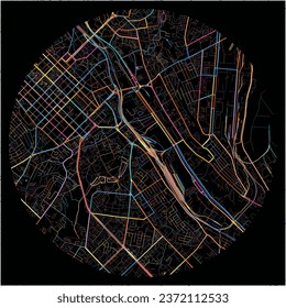 Map of Chisinau, Chișinău municipality with all major and minor roads, railways and waterways. Colorful line art on black background.