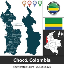 Map of Choco department with municipalities and location on Colombian map. Vector image