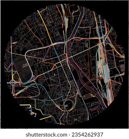 Map of Choisy-le-Roi, Val-de-Marne with all major and minor roads, railways and waterways. Colorful line art on black background.