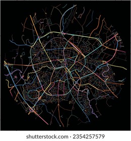 Map of Cholet, Maine-et-Loire with all major and minor roads, railways and waterways. Colorful line art on black background.