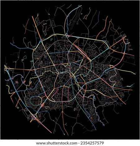 Map of Cholet, Maine-et-Loire with all major and minor roads, railways and waterways. Colorful line art on black background.