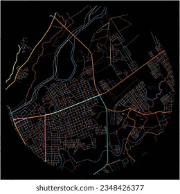 Map of Choluteca, Choluteca with all major and minor roads, railways and waterways. Colorful line art on black background.